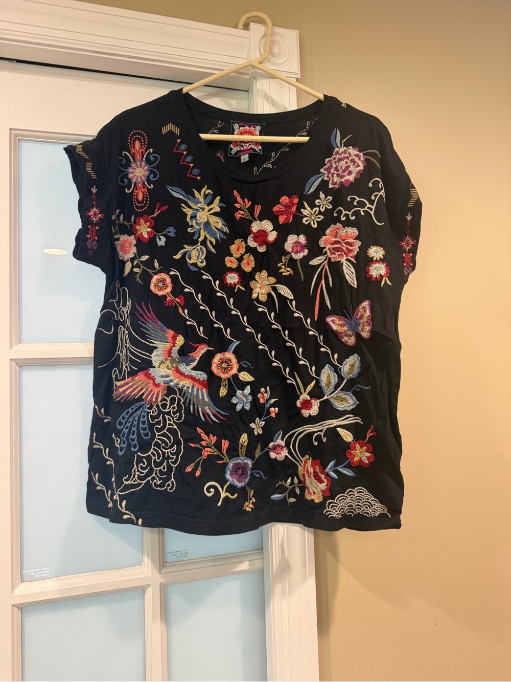 Johnny Was Black Embroidered Floral & Bird Short Sleeve Tee
